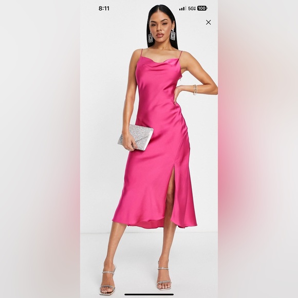 Trendyol cowl neck midi satin dress in fuchsia size EU 40 - Picture 1 of 4